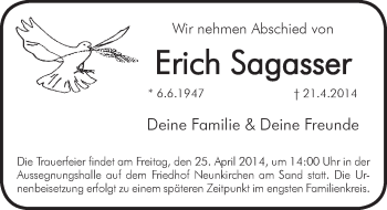 Traueranzeige von Erich Sagasser von Pegnitz-Zeitung